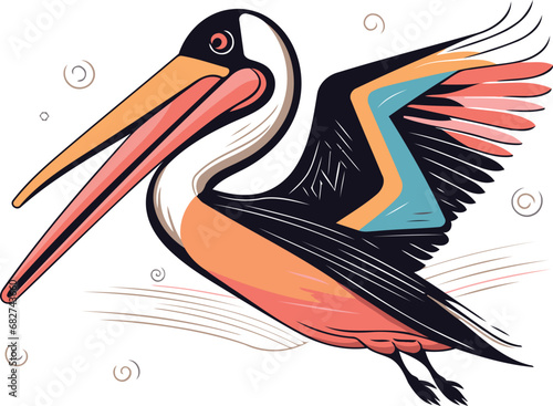 Colored pelican isolated on white background hand drawn vector illustration
