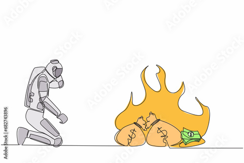 Continuous one line drawing astronaut kneeling and watching money bag burning up. Global financial crisis impacted space industry. Cosmonaut outer space. Single line graphic design vector illustration