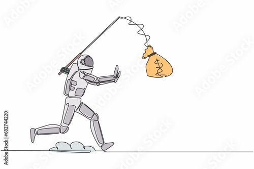 Single continuous line drawing astronaut chasing bait of money bag from himself. Foolishness and stupidity in spaceship company funding. Cosmonaut deep space. One line draw design vector illustration