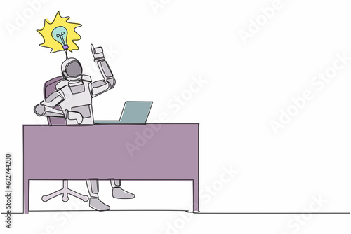 Continuous one line drawing astronaut getting bright new idea while working with laptop on desk. Innovation in moon spacewalk expedition. Cosmonaut outer space. Single line design vector illustration
