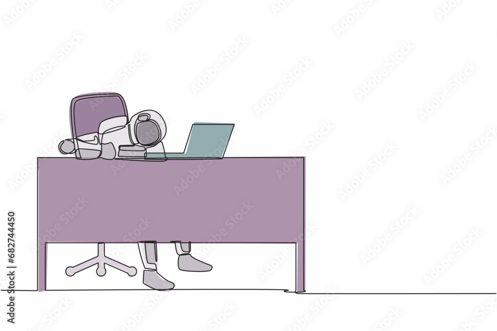 Single one line drawing anxiety young astronaut in office with put his head on working desk. Crisis in spaceship industry. Cosmic galaxy space. Continuous line draw graphic design vector illustration Single one line drawing anxiety young astronaut in office with put his head on working desk. Crisis in spaceship industry. Cosmic galaxy space. Continuous line draw graphic design vector illustration