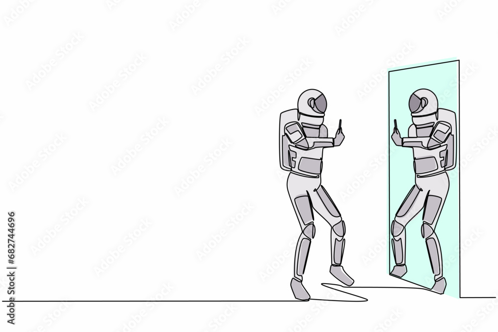 Single continuous line drawing astronaut in spacesuit taking selfie in front of mirror. Addiction on smartphone and internet satellite. Cosmonaut deep space. One line draw design vector illustration Single continuous line drawing astronaut in spacesuit taking selfie in front of mirror. Addiction on smartphone and internet satellite. Cosmonaut deep space. One line draw design vector illustration