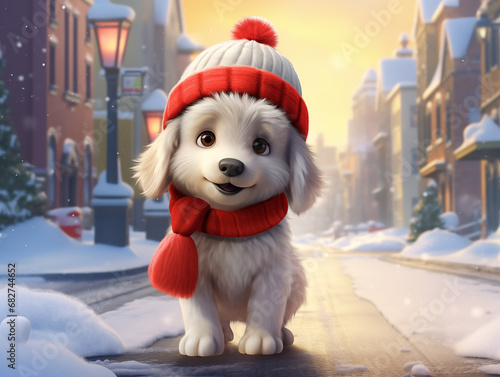 Cute cartoon puppy with Christmas hat and scarf. Standing in the snow with blurred city lights in the background. 
