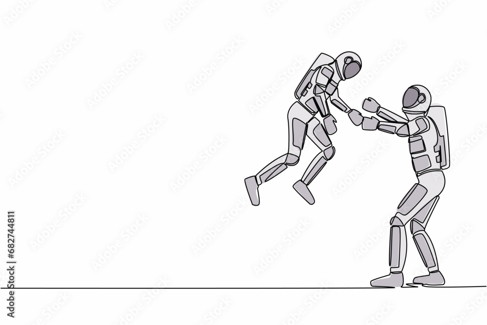 Single continuous line drawing happy dad astronaut carry and throw his son to the sky. Child's enjoy flying and play become spaceman. Cosmonaut deep space. One line graphic design vector illustration Single continuous line drawing happy dad astronaut carry and throw his son to the sky. Child's enjoy flying and play become spaceman. Cosmonaut deep space. One line graphic design vector illustration