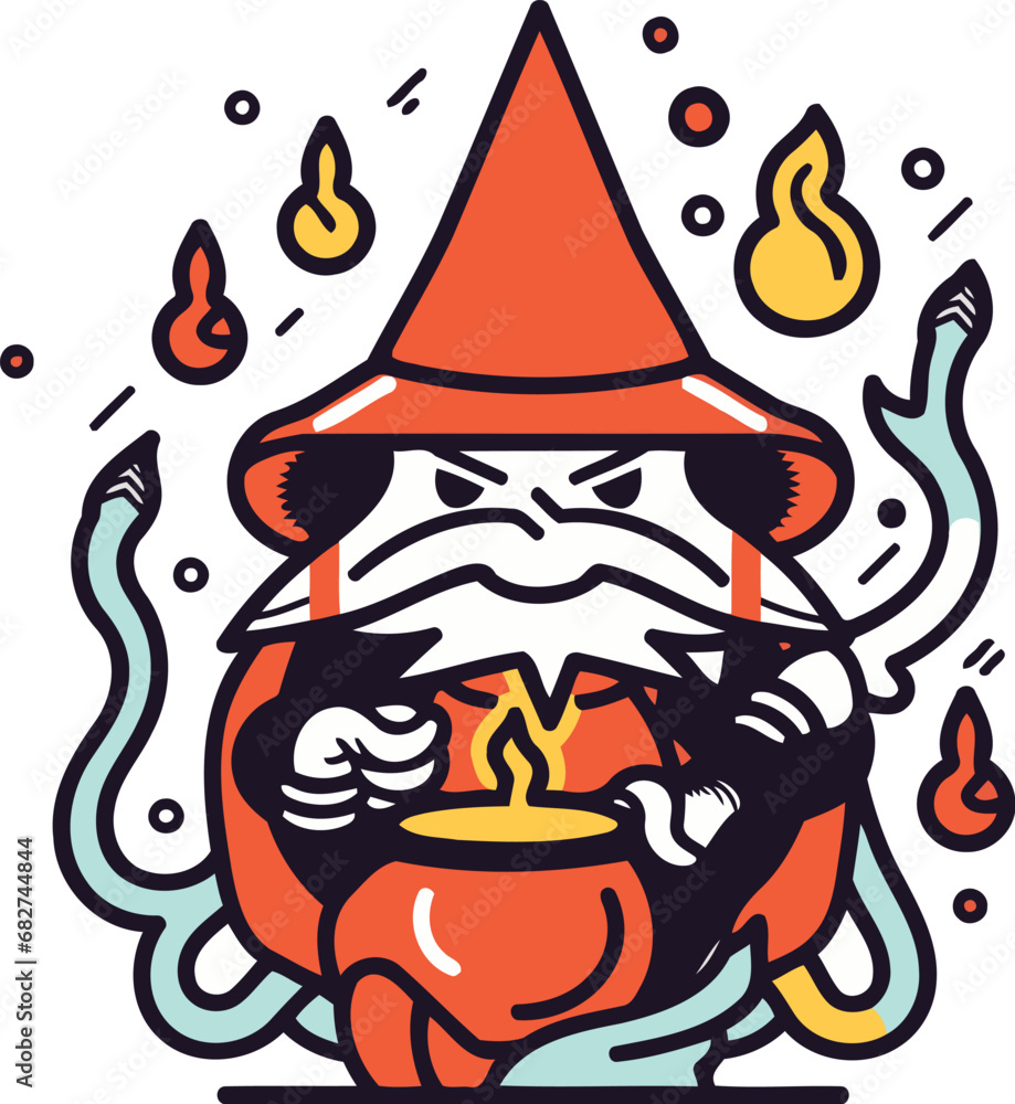 Vector illustration of angry cartoon gnome in a hat with a burning candle