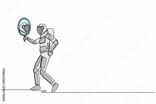 Continuous one line drawing young astronaut holding hand mirror. Spaceman looking at himself in mirror. Narcissism and reflection. Cosmonaut outer space. Single line graphic design vector illustration