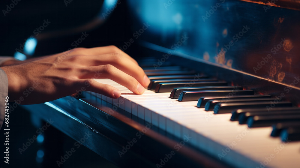 Grand piano, keys and hands playing instrument for classical music, entertainment or lessons. Closeup, instrument or professional pianist practicing his skill or talent at home or at a concert Grand piano, keys and hands playing instrument for classical music, entertainment or lessons. Closeup, instrument or professional pianist practicing his skill or talent at home or at a concert