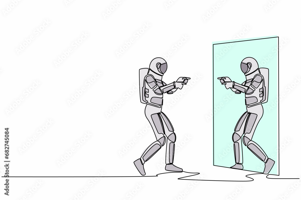 Continuous one line drawing narcissistic astronaut looks and pointing himself at mirror. Narcissism working in spaceship company. Cosmonaut outer space. Single line graphic design vector illustration Continuous one line drawing narcissistic astronaut looks and pointing himself at mirror. Narcissism working in spaceship company. Cosmonaut outer space. Single line graphic design vector illustration