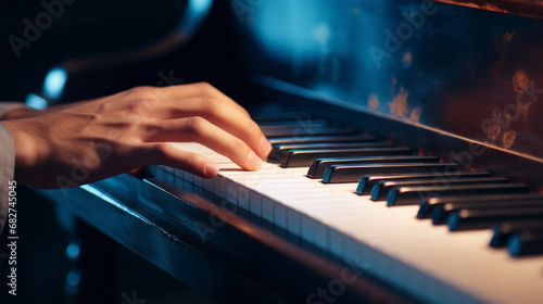 Grand piano, keys and hands playing instrument for classical music, entertainment or lessons. Closeup, instrument or professional pianist practicing his skill or talent at home or at a concert