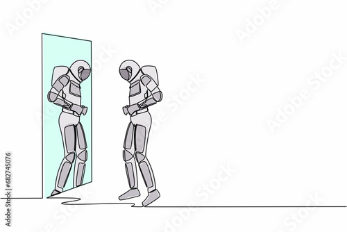 Single continuous line drawing astronaut standing front of mirror and see himself getting big belly and fix his belt. Obesity spaceman. Cosmonaut deep space. One line draw design vector illustration