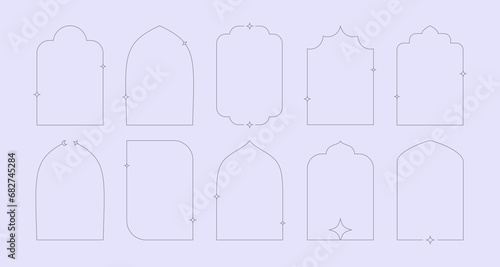 Minimal linear style Islamic windows and arches decorated by stars, sparkles. Y2k style frame set on light background
