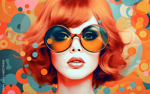 Fashion retro futuristic little girl on background with circle pop art background. Woman in sunglasses in surrealistic 60s-70s disco club culture life style.