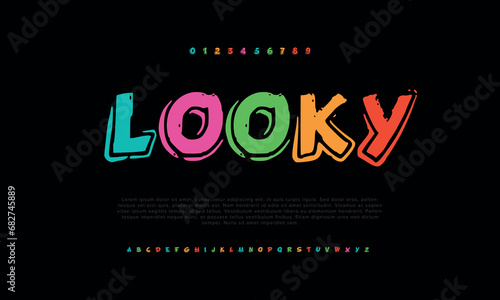 Looky font alphabet letters. Modern logo typography. Color creative art typographic design. Festive letter set for rainbow logo, headline, color cover title, joy monogram. Isolated vector typeset