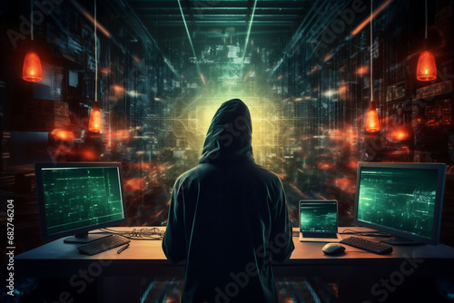 A man in a black hooded jacket stands against computer monitors, screens and monitors data security or hacks the system. Neon lights in air. Concept of cyber courage and hacking topicality. Copy space photo