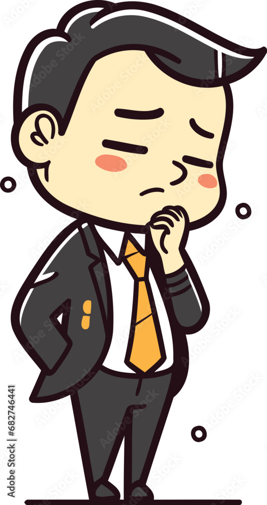 Businessman thinking with hand on chin vector cartoon illustration