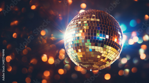 Disco ball, lights and clubbing background for 70s theme new year party, birthday or celebration. Night, bokeh and decor with glitter at nightclub or nightlife for jazz, pop or retro music festival