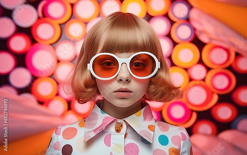 Fashion retro futuristic little girl on background with circle pop art background. Woman in sunglasses in surrealistic 60s-70s disco club culture life style.