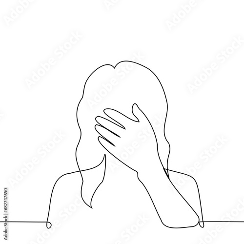 silhouette of a woman's portrait with a palm covering her face - one line art vector. concept fatigue, cringe, facepalm, shame