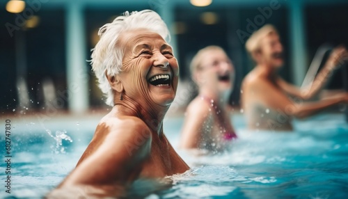 Senior woman in a swimming pool, happiness and stress relief with fun. Mature female person and lady with joy, training and relax with water sports. © kilimanjaro 
