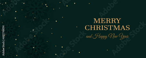 Beautiful green Christmas background. Festive New Year background with snowflakes with different patterns and congratulatory text. Vector illustration for poster, card, banner or print design.