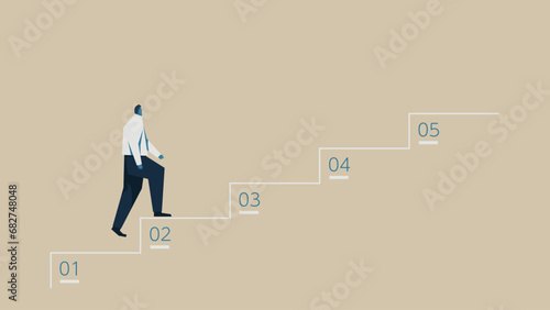 Businessman climbing 5 steps of stairs.