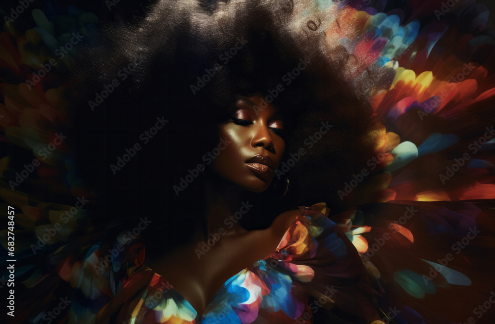 Woman, musician or portrait of jazz or soul music singer in photography studio. Afro, African American or confident female with curly hair in beauty, disco or 70s style fashion for poster background