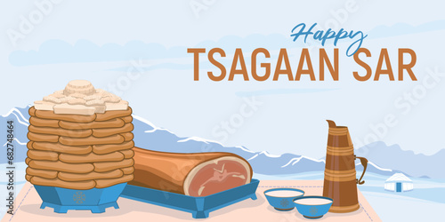 Traditional dishes for the celebration of the Mongolian New Year - Tsagaan Sar. Pies and cottage cheese. Roasted sheep's groats and milk tea against the backdrop of a winter landscape. Vector.