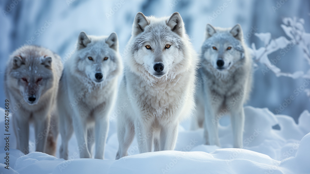 A pack of Arctic wolves in the snow-covered Arctic captured with a telephoto lens.