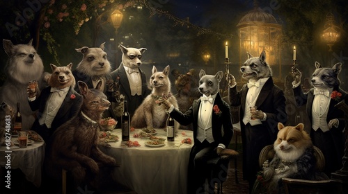 an image of mammalian pets as joyful participants in an elegant wedding celebration