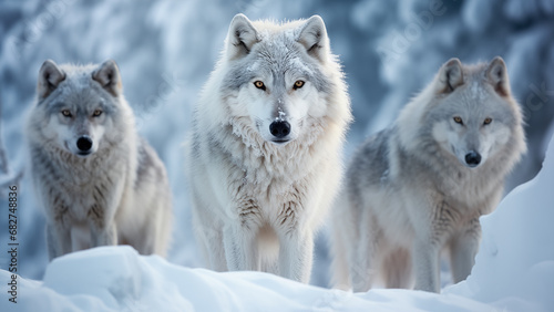 A pack of Arctic wolves in the snow-covered Arctic captured with a telephoto lens.