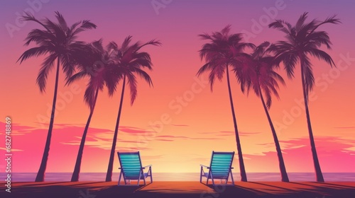 Palm trees and deck chairs under the sun in gradient colors Isolated on the background