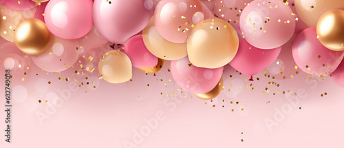 Celebration background with pink confetti and golden