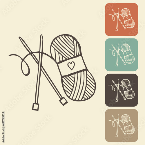 Knitting and crocheting icon in different variations. A skein, a ball of thread, a hook and knitting needles. Sketch, vector