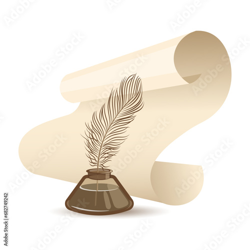 World Poetry Day, Writer's Day. A roll of parchment and an inkwell with a feather. Illustration, vector