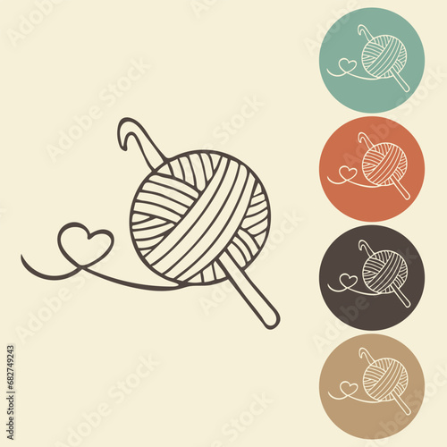 Knitting and crocheting icon in different variations. A skein, a ball of thread, a hook and knitting needles. Sketch, vector