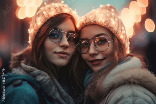 Two girls with hat decorated with lights. Christmas atmosphere with decorative head lights. Generate ai photo