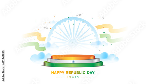India Republic Day background with podium stage design and tricolor flag.