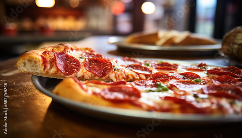 Closeup slice of pizza with melted cheese and sticky pepperoni and blurred restaurant background