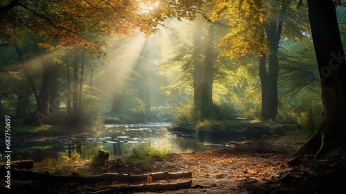 Radiant Sunlight Enhancing the Hues of Leaves in the Forest