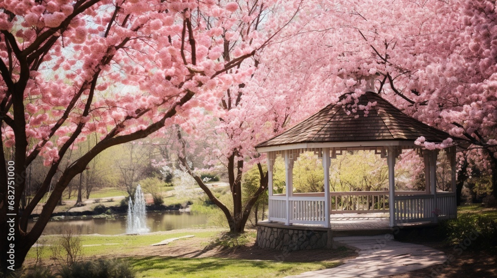 Scenic Spot: Gazebo Sheltered under a Blooming Cherry Blossom Tree