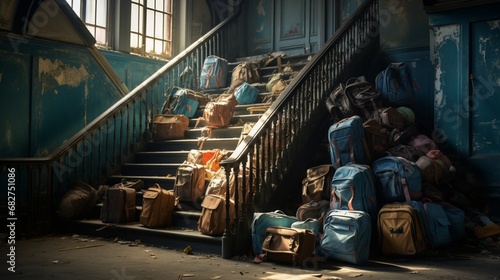 School bags abandoned on the stairs of school