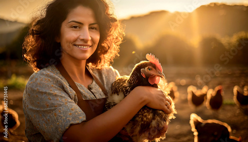 Portrait of a smiling female farmer holding a beautiful chicken at dawn, many chickens in the background graze freely outdoors. Concept of animal welfare, pride and care. photo