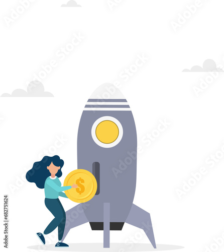 Funding a startup company or venture capital investment into a new business concept. A girl puts a money coin into an innovation rocket to launch a new business. Vector illustration.
