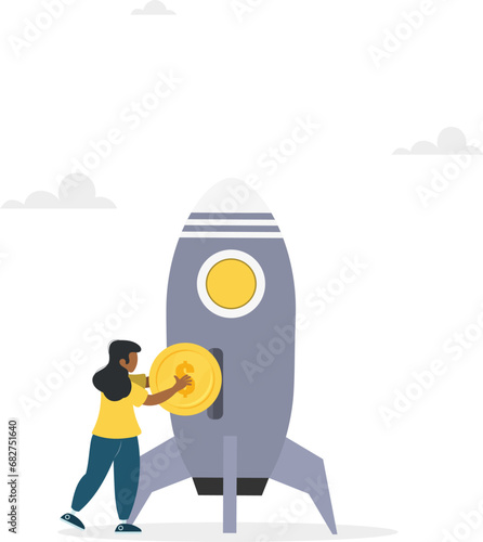 Funding a startup company or venture capital investment into a new business concept. A girl puts a money coin into an innovation rocket to launch a new business. Vector illustration.
