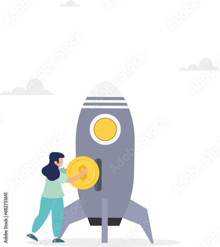 Funding a startup company or venture capital investment into a new business concept. A girl puts a money coin into an innovation rocket to launch a new business. Vector illustration.
