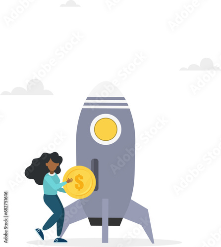 Funding a startup company or venture capital investment into a new business concept. A girl puts a money coin into an innovation rocket to launch a new business. Vector illustration.
