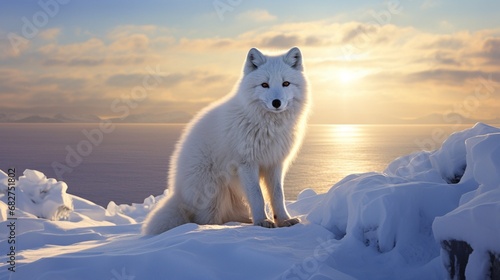 The pristine beauty of the Arctic unfolds as a white fox, its fur cascading, stands elegantly against the snowy panorama photo