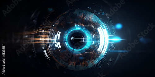 Digital eye data network and cyber security technology virtual cyberspace and internet secure, An eye with system of AI Facial Recognition personal information concept. Generative ai