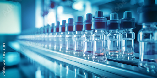 A line of blue bottles with blue liquid in them, A machine with a lot of bottles of liquid. A row of vials with green caps are lined up on a conveyor belt.