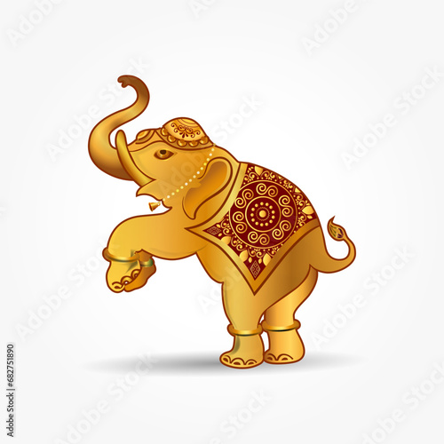 Golden elephant design standing in welcome pose on white background.